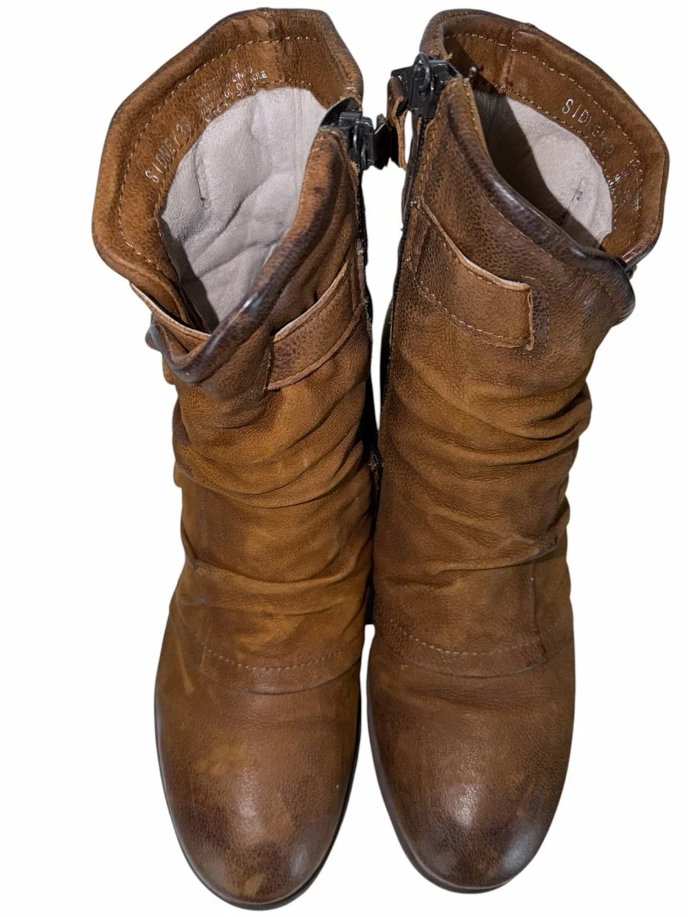 Miz Mooz Sidney Brown Leather Stacked Block Heel Button Side Zip Ankle Boots